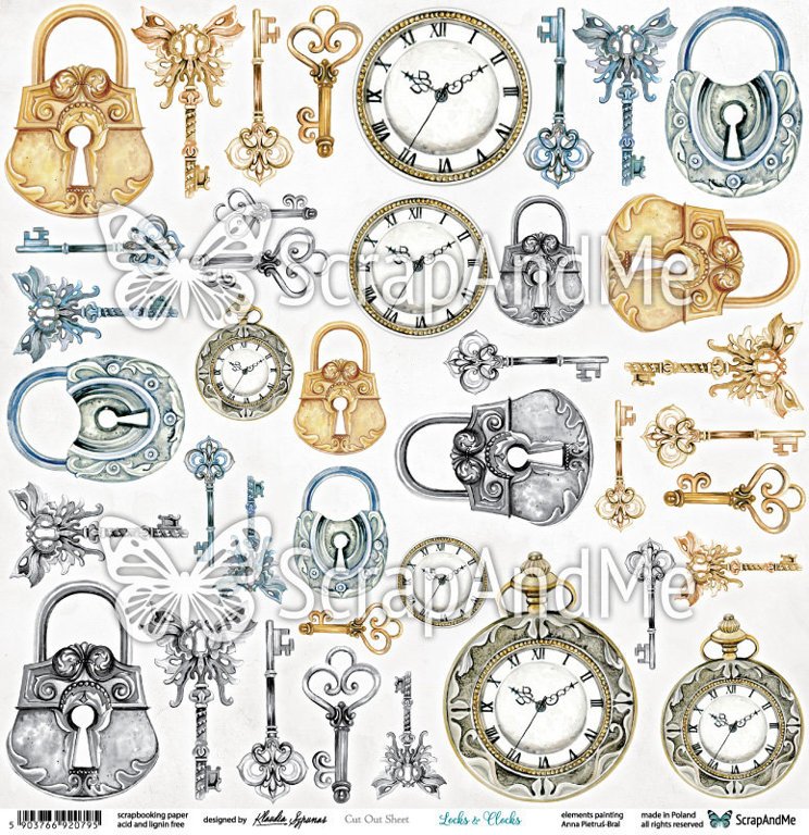 arkusz z kłódkami, kluczami i zegarami